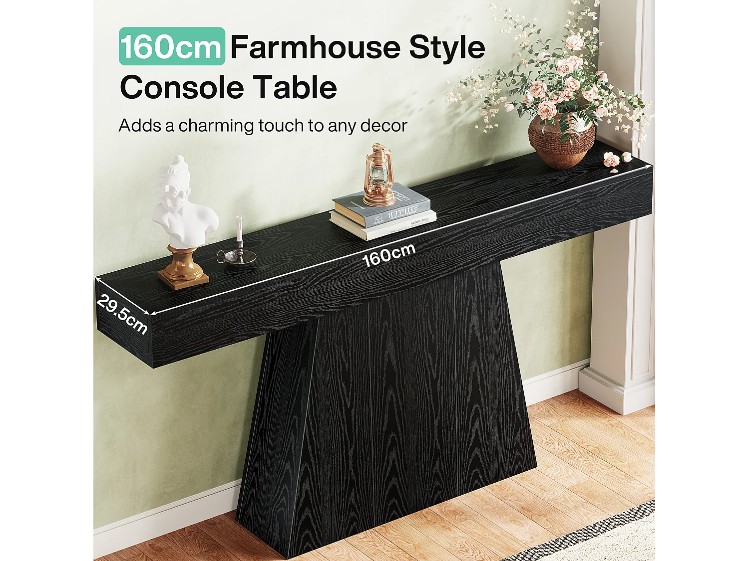Mesa de Entrada, Mesa de Console Moderna Preta de 160cm com Base Trapezoidal para Sala de Estar