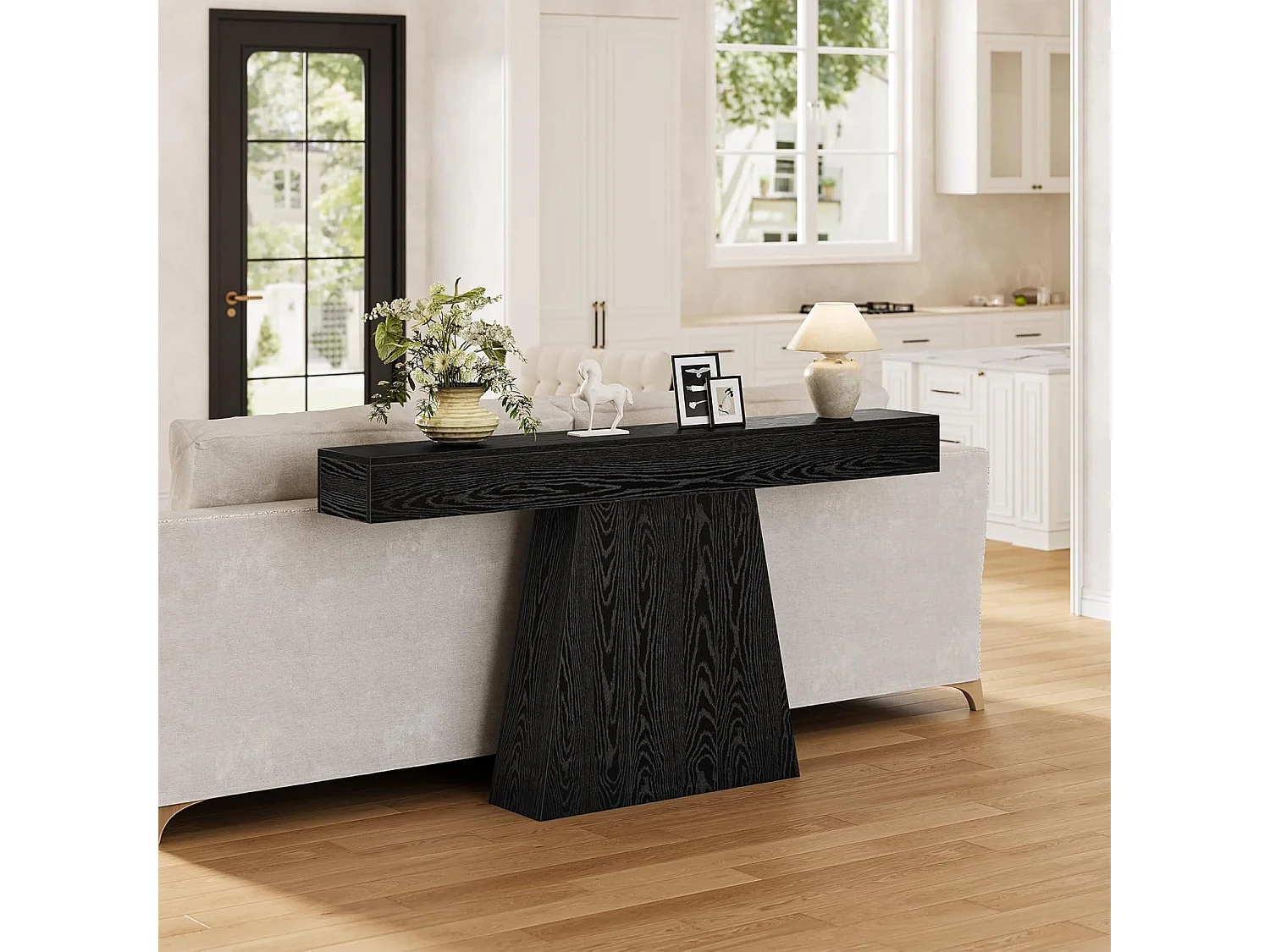 Mesa de Entrada, Mesa de Console Moderna Preta de 160cm com Base Trapezoidal para Sala de Estar