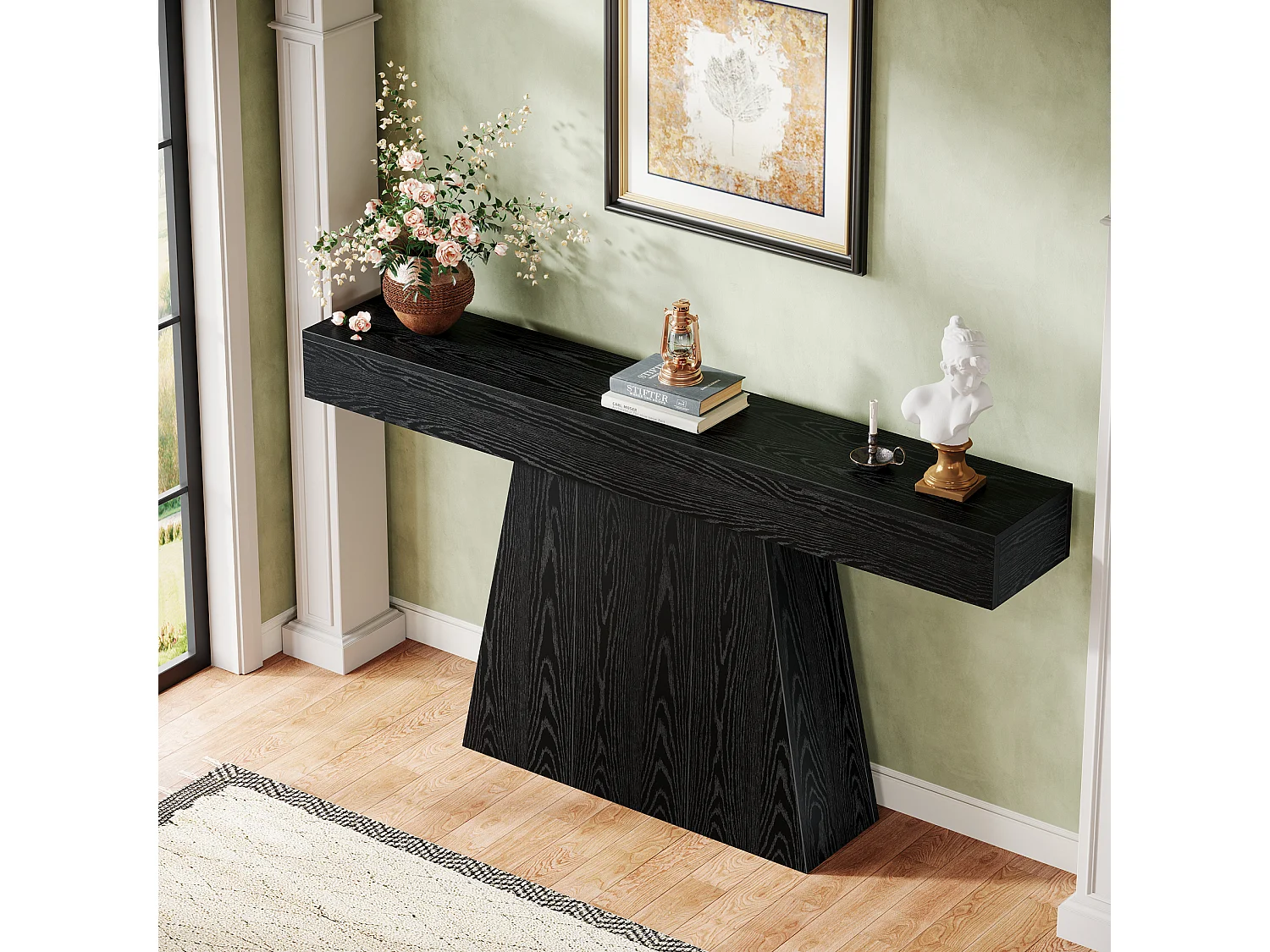 Mesa de Entrada, Mesa de Console Moderna Preta de 160cm com Base Trapezoidal para Sala de Estar