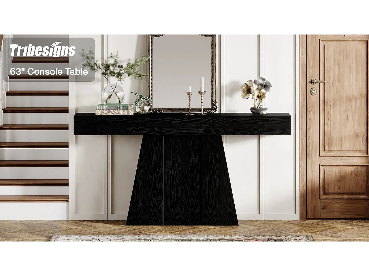 Table d'entrée, console moderne noire de 160 cm avec piètement trapézoïdal pour salon