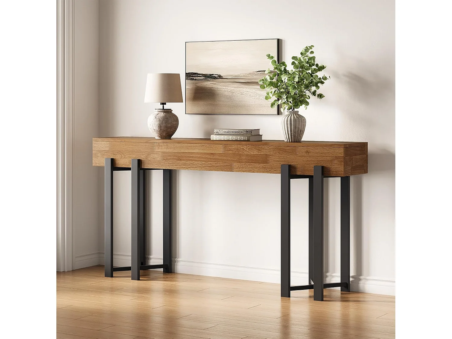 Mesa de Console de 160cm para Entrada, Mesa Rustica para Atrás do Sofá, Mesa Minimalista para Sala de Estar