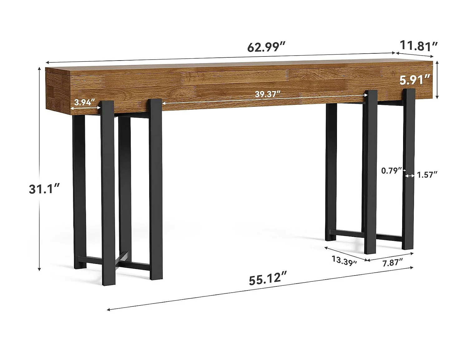 Mesa de Console de 160cm para Entrada, Mesa Rustica para Atrás do Sofá, Mesa Minimalista para Sala de Estar
