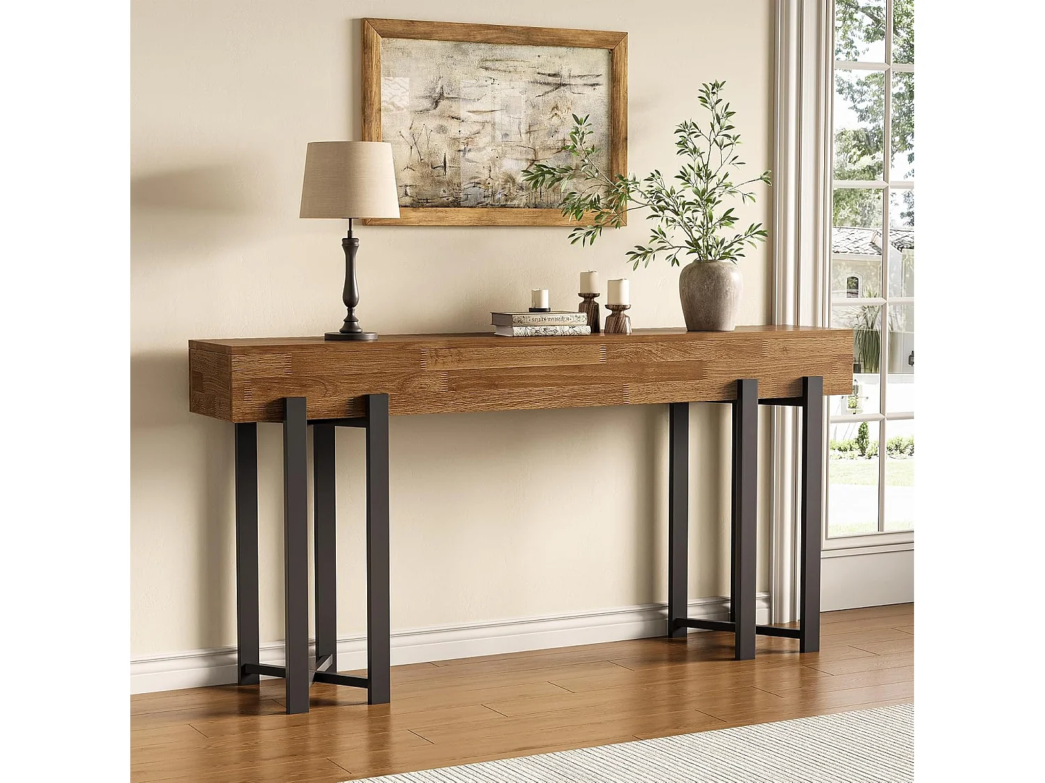 Mesa de Console de 160cm para Entrada, Mesa Rustica para Atrás do Sofá, Mesa Minimalista para Sala de Estar