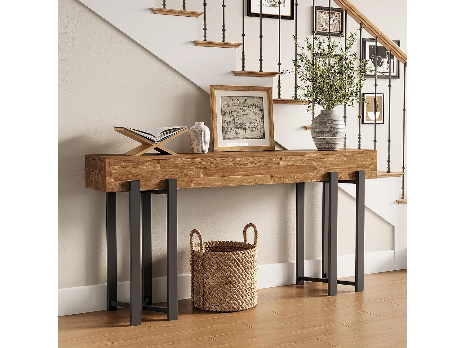 Mesa de Console de 160cm para Entrada, Mesa Rustica para Atrás do Sofá, Mesa Minimalista para Sala de Estar