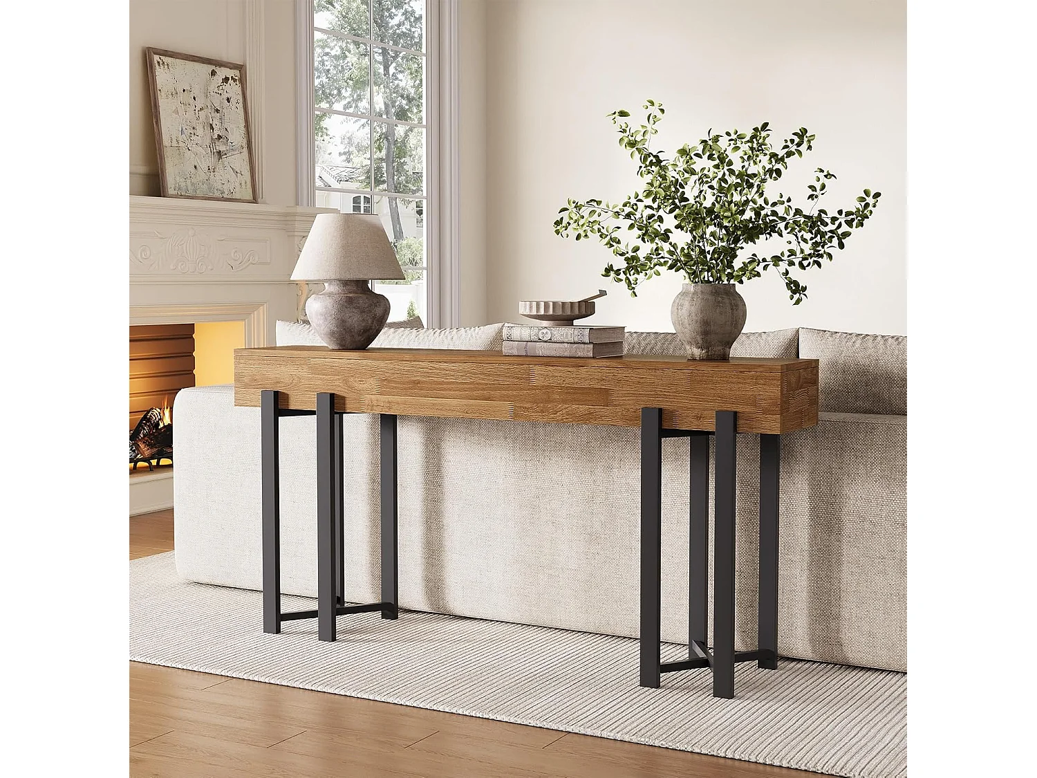 Mesa de Console de 160cm para Entrada, Mesa Rustica para Atrás do Sofá, Mesa Minimalista para Sala de Estar