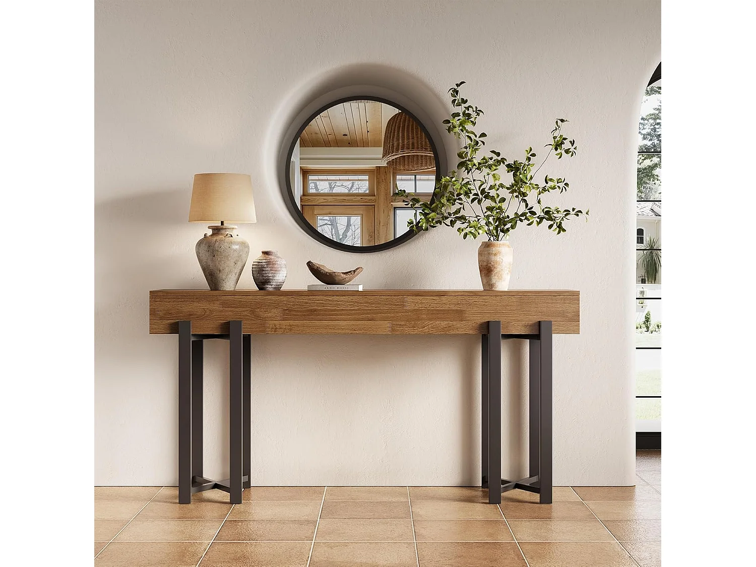 Mesa de Console de 160cm para Entrada, Mesa Rustica para Atrás do Sofá, Mesa Minimalista para Sala de Estar