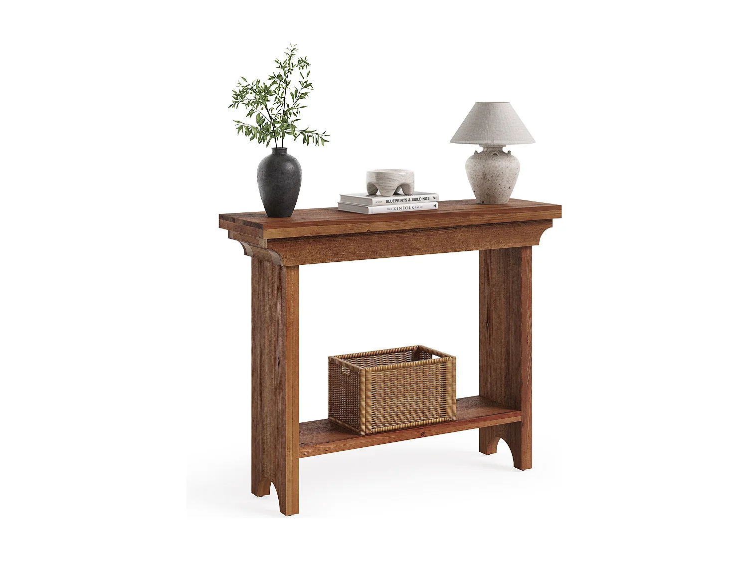 Mesa de Consola de Madeira Sólida Rústica de 100cm Atrás do Sofá com Prateleira Inferior