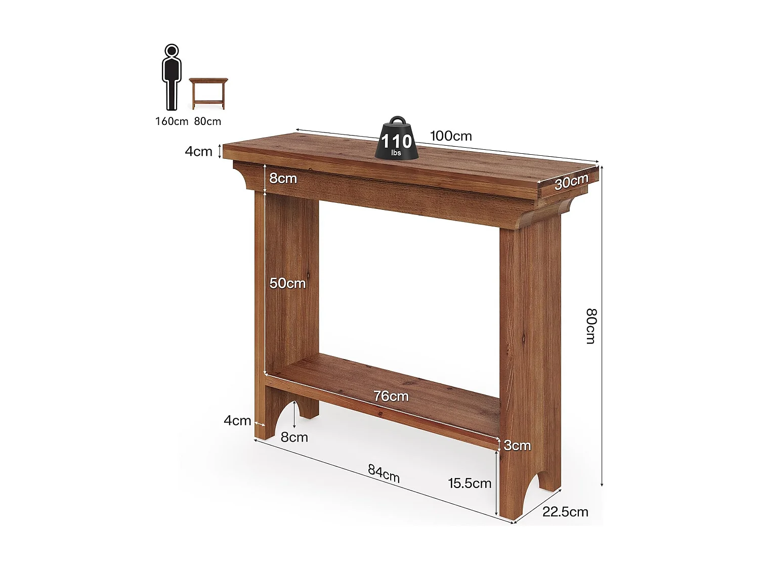 Mesa de Consola de Madeira Sólida Rústica de 100cm Atrás do Sofá com Prateleira Inferior