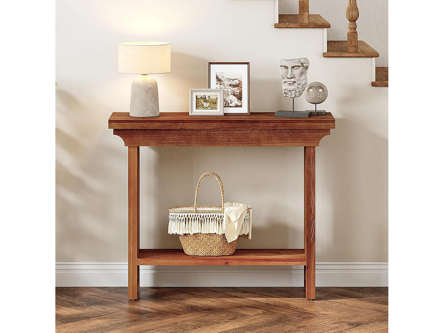 Mesa de Consola de Madeira Sólida Rústica de 100cm Atrás do Sofá com Prateleira Inferior
