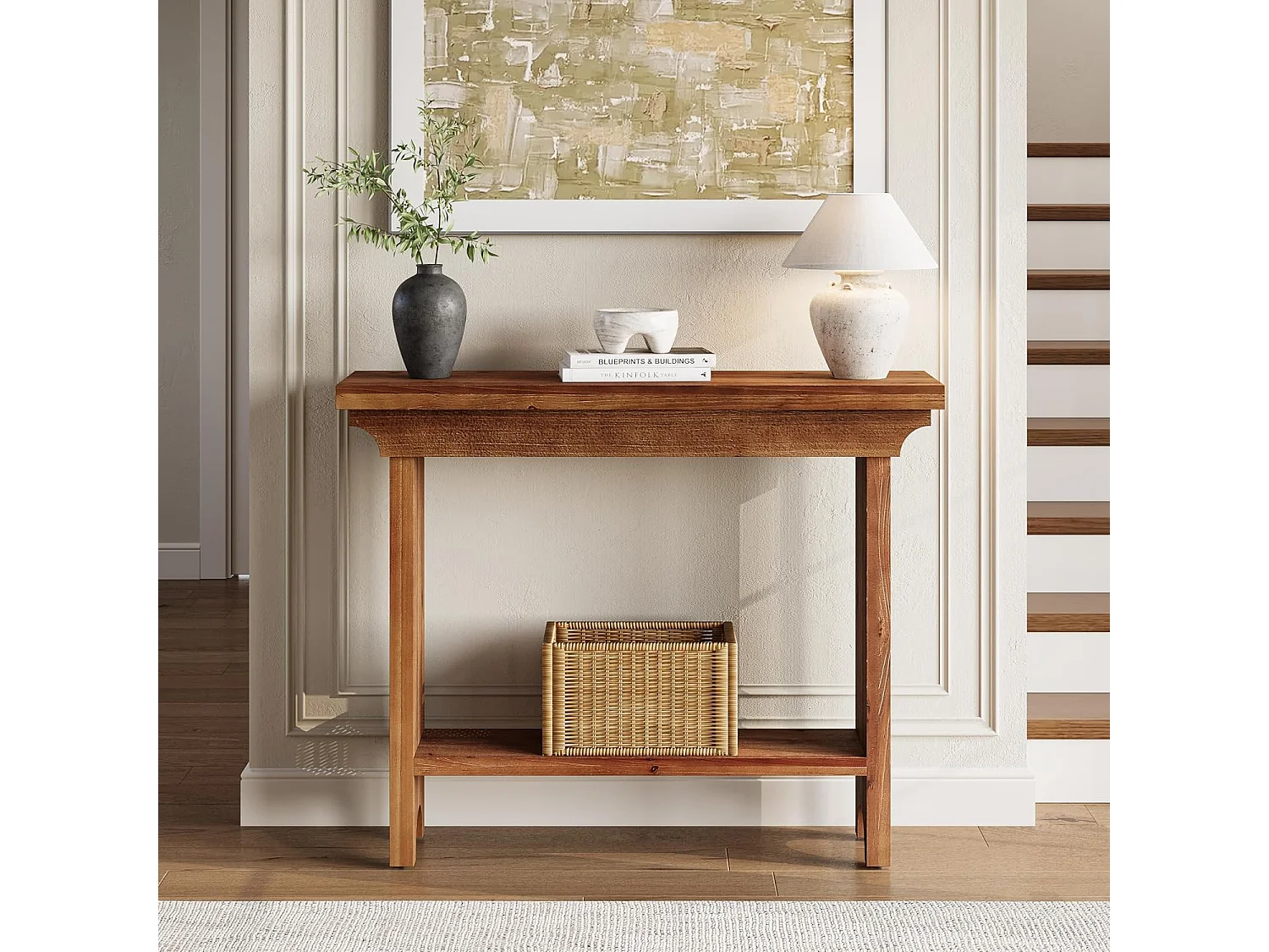 Mesa de Consola de Madeira Sólida Rústica de 100cm Atrás do Sofá com Prateleira Inferior