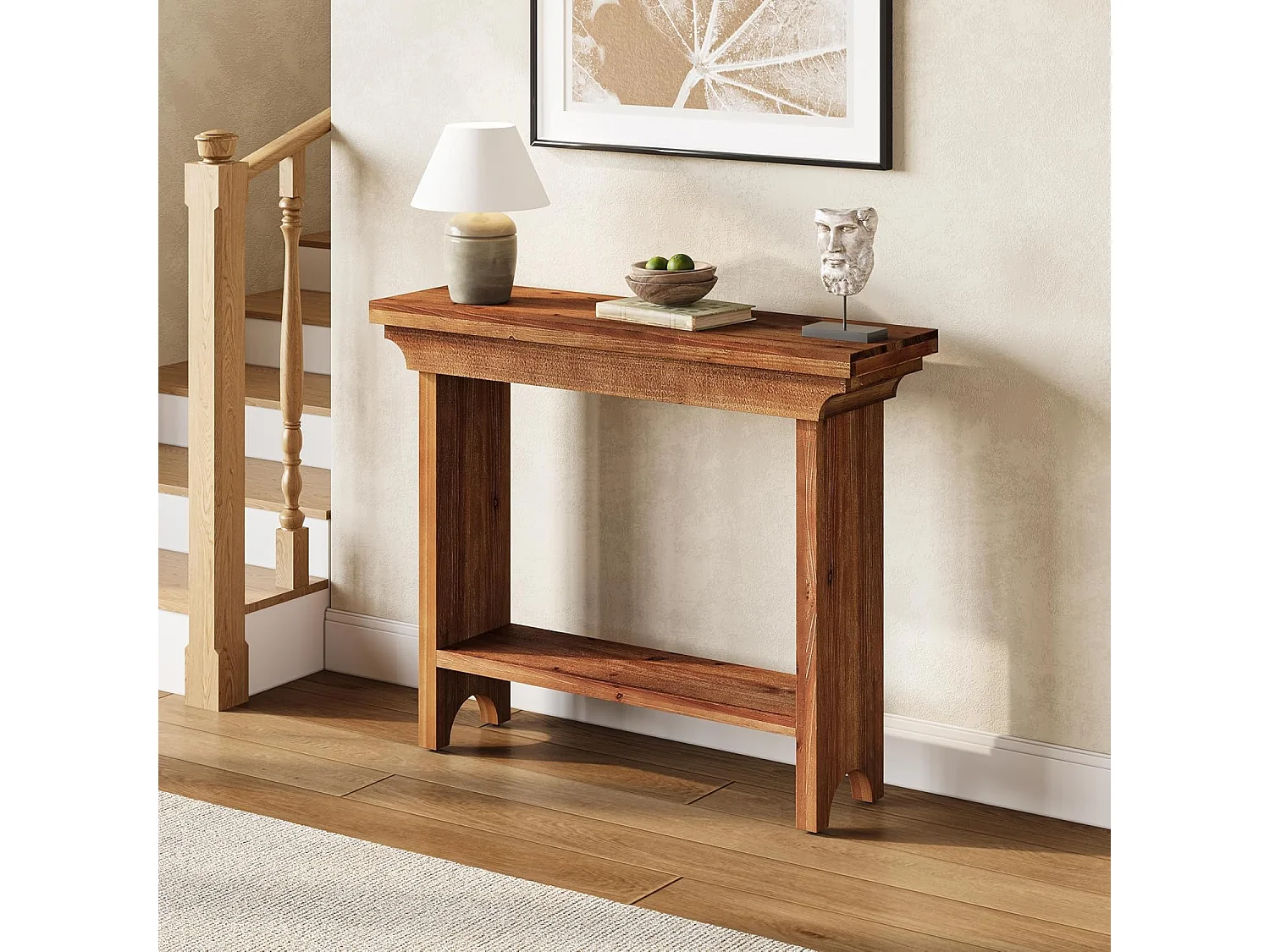 Mesa de Consola de Madeira Sólida Rústica de 100cm Atrás do Sofá com Prateleira Inferior