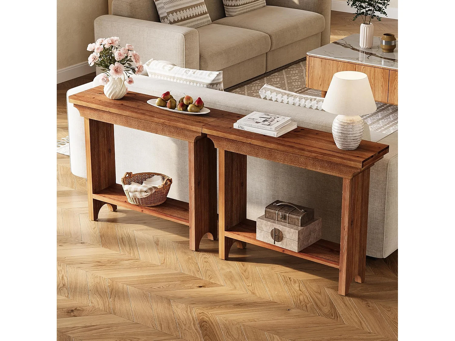 Mesa de Consola de Madeira Sólida Rústica de 100cm Atrás do Sofá com Prateleira Inferior