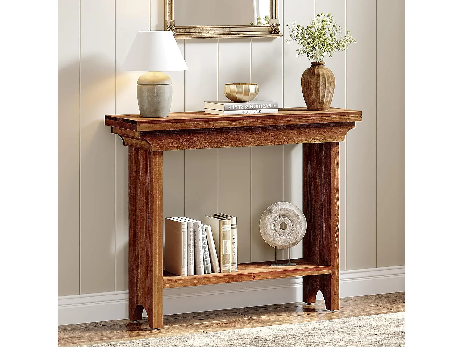 Mesa de Consola de Madeira Sólida Rústica de 100cm Atrás do Sofá com Prateleira Inferior