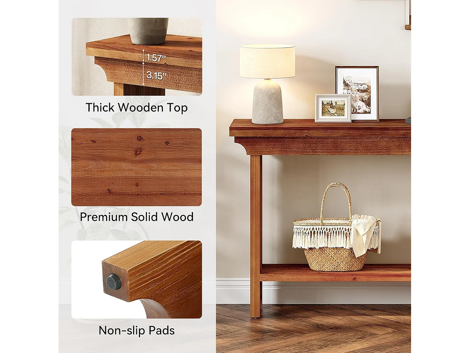Mesa de Consola de Madeira Sólida Rústica de 100cm Atrás do Sofá com Prateleira Inferior