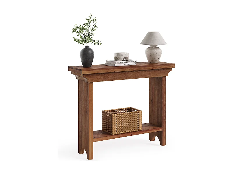 Mesa de Consola de Madeira Sólida Rústica de 100cm Atrás do Sofá com Prateleira Inferior