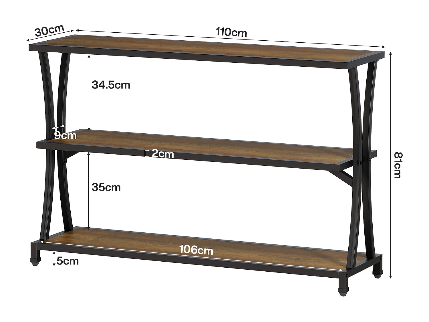 Mesa de Consola Industrial de 3 Camadas, Mesa de Sofá Rustica para Entrada Estreita com Prateleiras de Armazenamento
