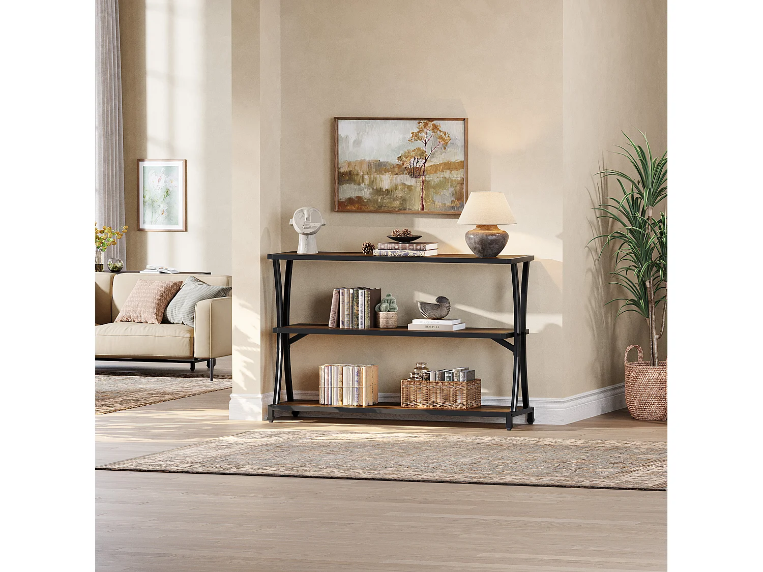 Mesa de Consola Industrial de 3 Camadas, Mesa de Sofá Rustica para Entrada Estreita com Prateleiras de Armazenamento