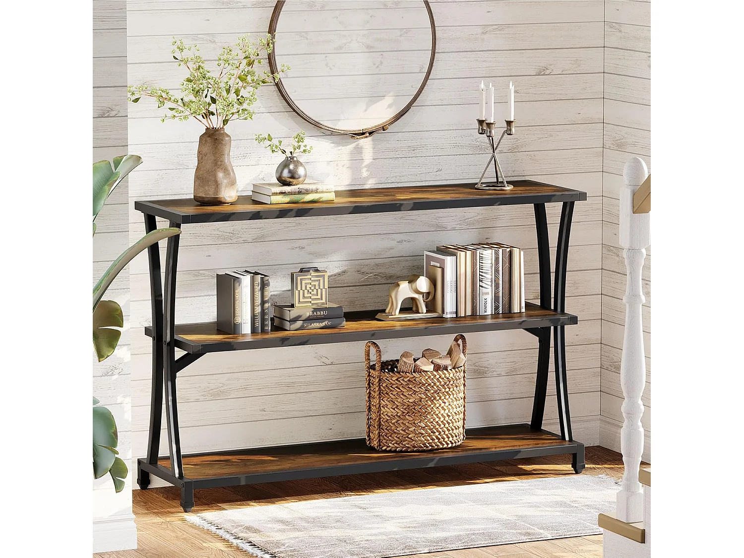 Mesa de Consola Industrial de 3 Camadas, Mesa de Sofá Rustica para Entrada Estreita com Prateleiras de Armazenamento