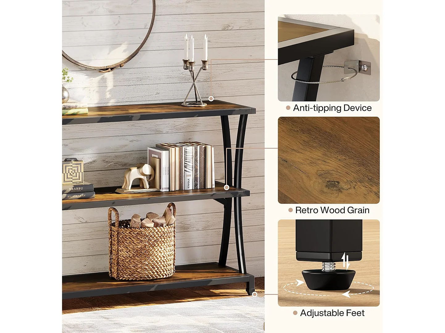 Mesa de Consola Industrial de 3 Camadas, Mesa de Sofá Rustica para Entrada Estreita com Prateleiras de Armazenamento