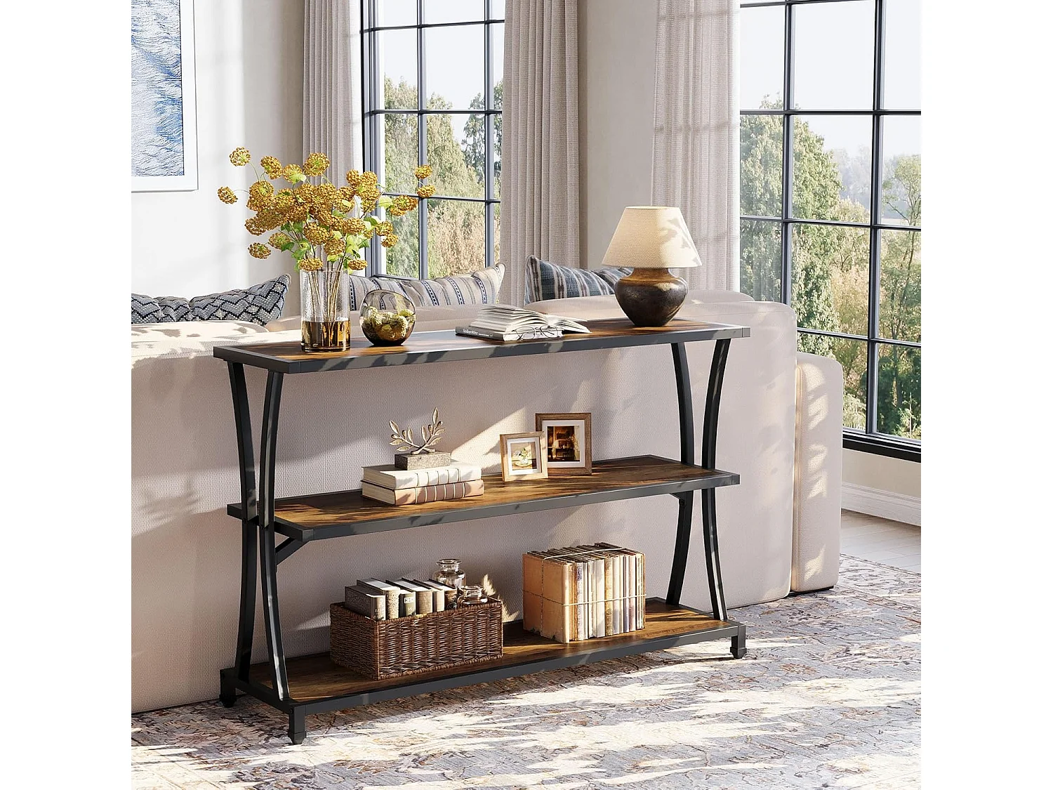 Mesa de Consola Industrial de 3 Camadas, Mesa de Sofá Rustica para Entrada Estreita com Prateleiras de Armazenamento