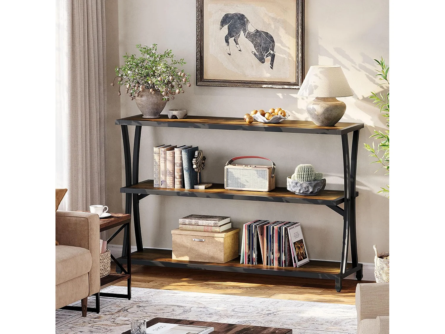 Mesa de Consola Industrial de 3 Camadas, Mesa de Sofá Rustica para Entrada Estreita com Prateleiras de Armazenamento