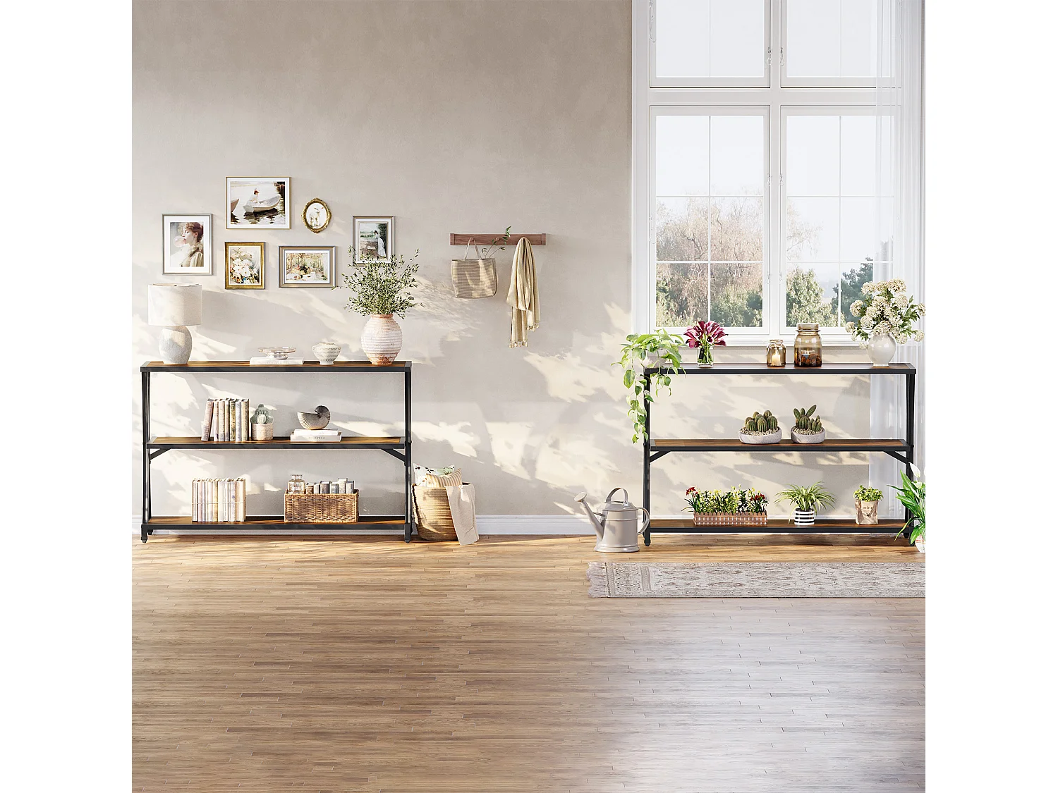 Mesa de Consola Industrial de 3 Camadas, Mesa de Sofá Rustica para Entrada Estreita com Prateleiras de Armazenamento