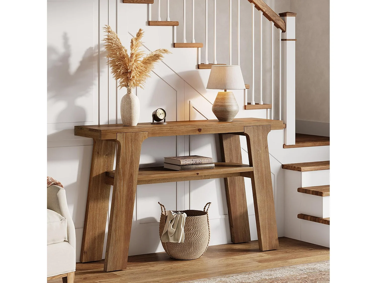 Mesa de entrada de consola de madeira maciça, mesa de sofá pequena rural de 120 cm com armazenamento de 2 níveis