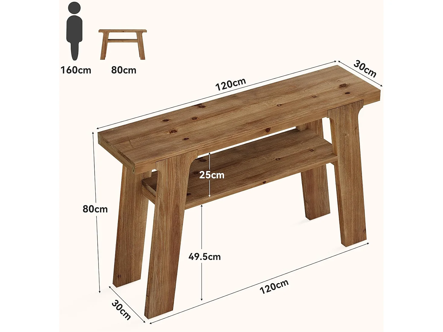 Mesa de entrada de consola de madeira maciça, mesa de sofá pequena rural de 120 cm com armazenamento de 2 níveis
