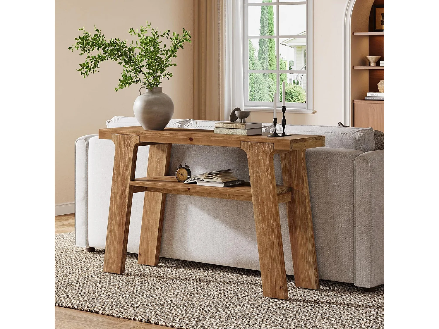 Mesa de entrada de consola de madeira maciça, mesa de sofá pequena rural de 120 cm com armazenamento de 2 níveis
