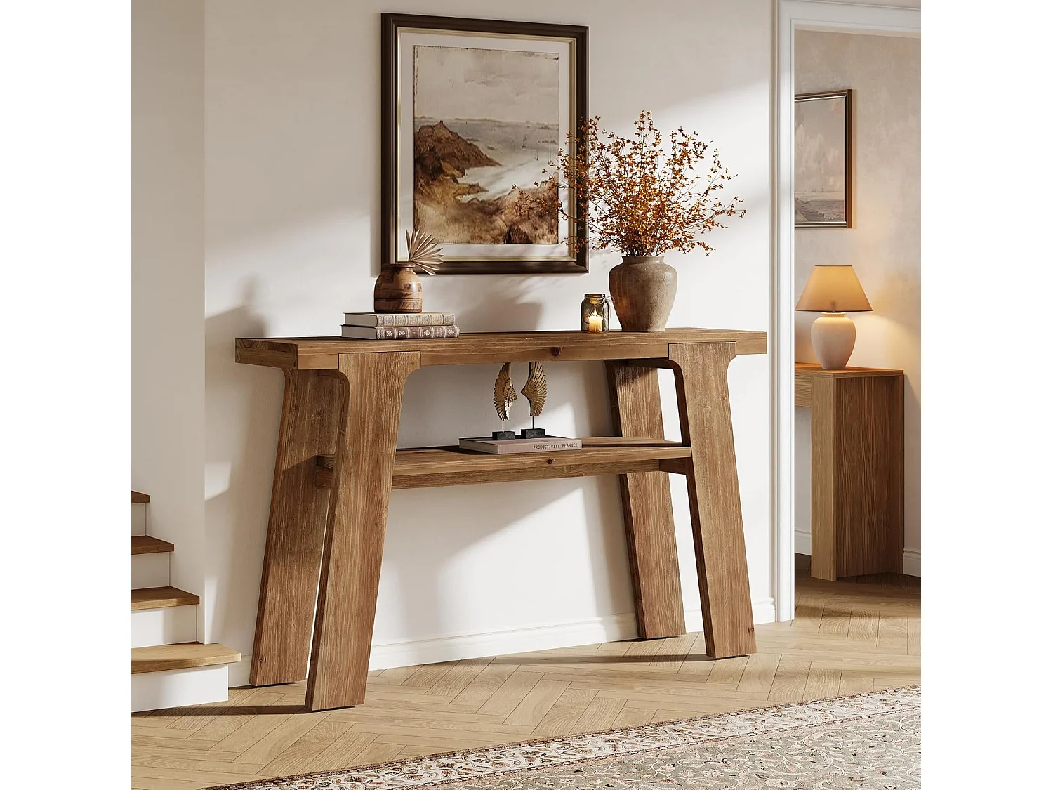 Mesa de entrada de consola de madeira maciça, mesa de sofá pequena rural de 120 cm com armazenamento de 2 níveis