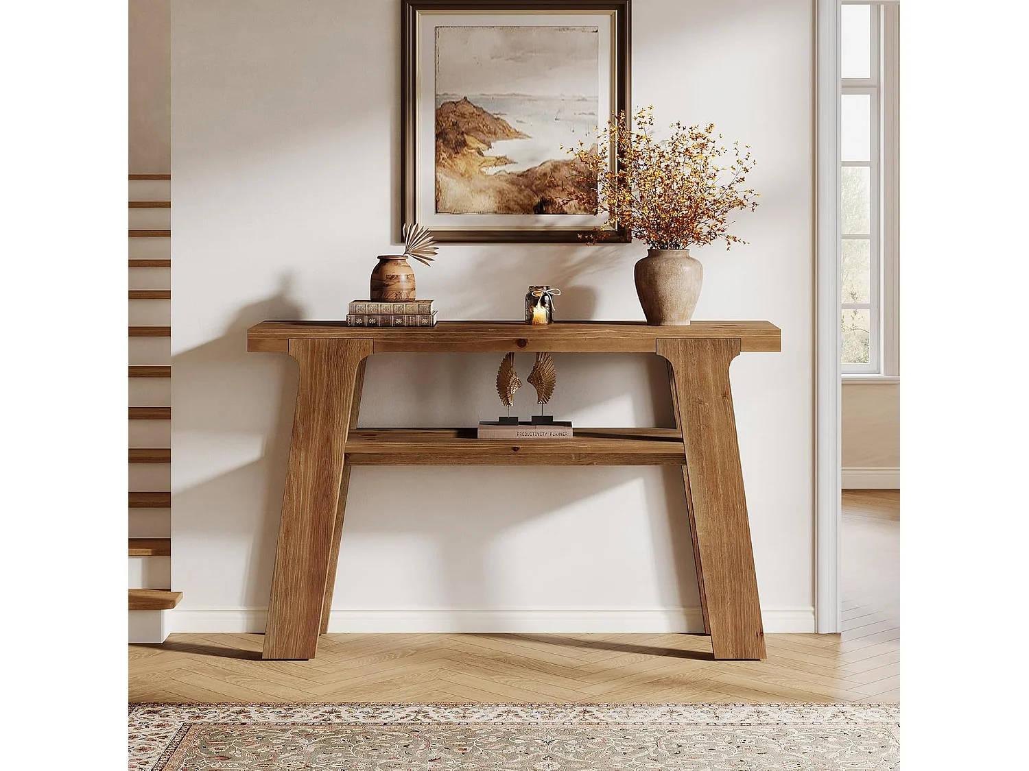 Mesa de entrada de consola de madeira maciça, mesa de sofá pequena rural de 120 cm com armazenamento de 2 níveis