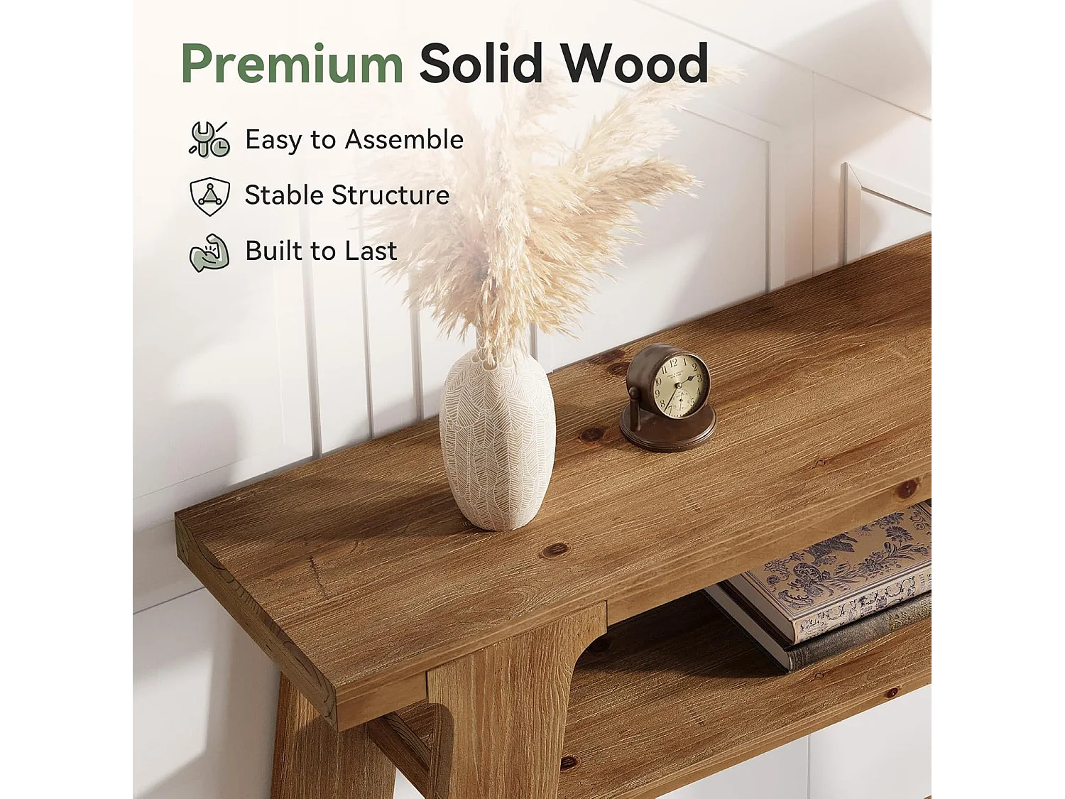 Mesa de entrada de consola de madeira maciça, mesa de sofá pequena rural de 120 cm com armazenamento de 2 níveis