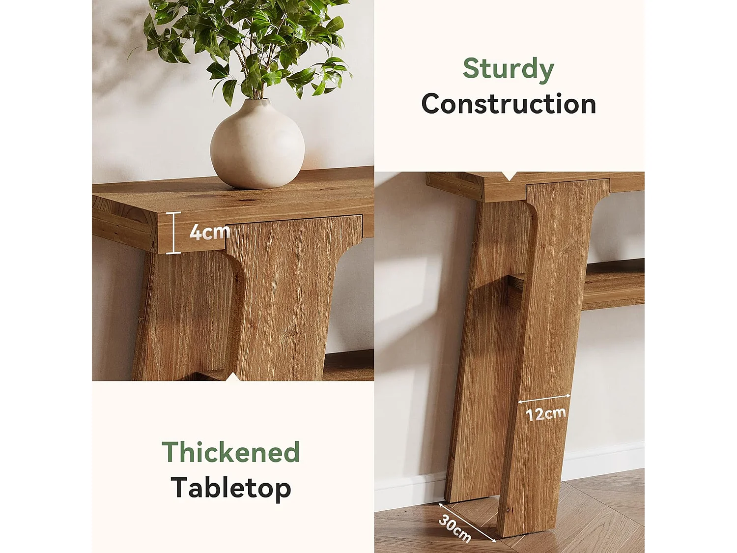 Mesa de entrada de consola de madeira maciça, mesa de sofá pequena rural de 120 cm com armazenamento de 2 níveis