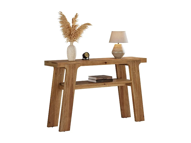 Mesa de entrada de consola de madeira maciça, mesa de sofá pequena rural de 120 cm com armazenamento de 2 níveis