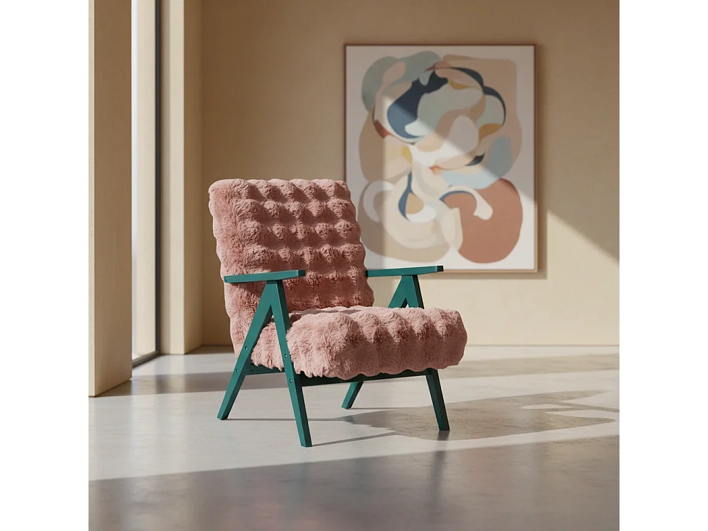 Fauteuil Capri - Tissu Bouclette Rose Sale (Dirty Pink) - Pieds Verts - Style Rétro