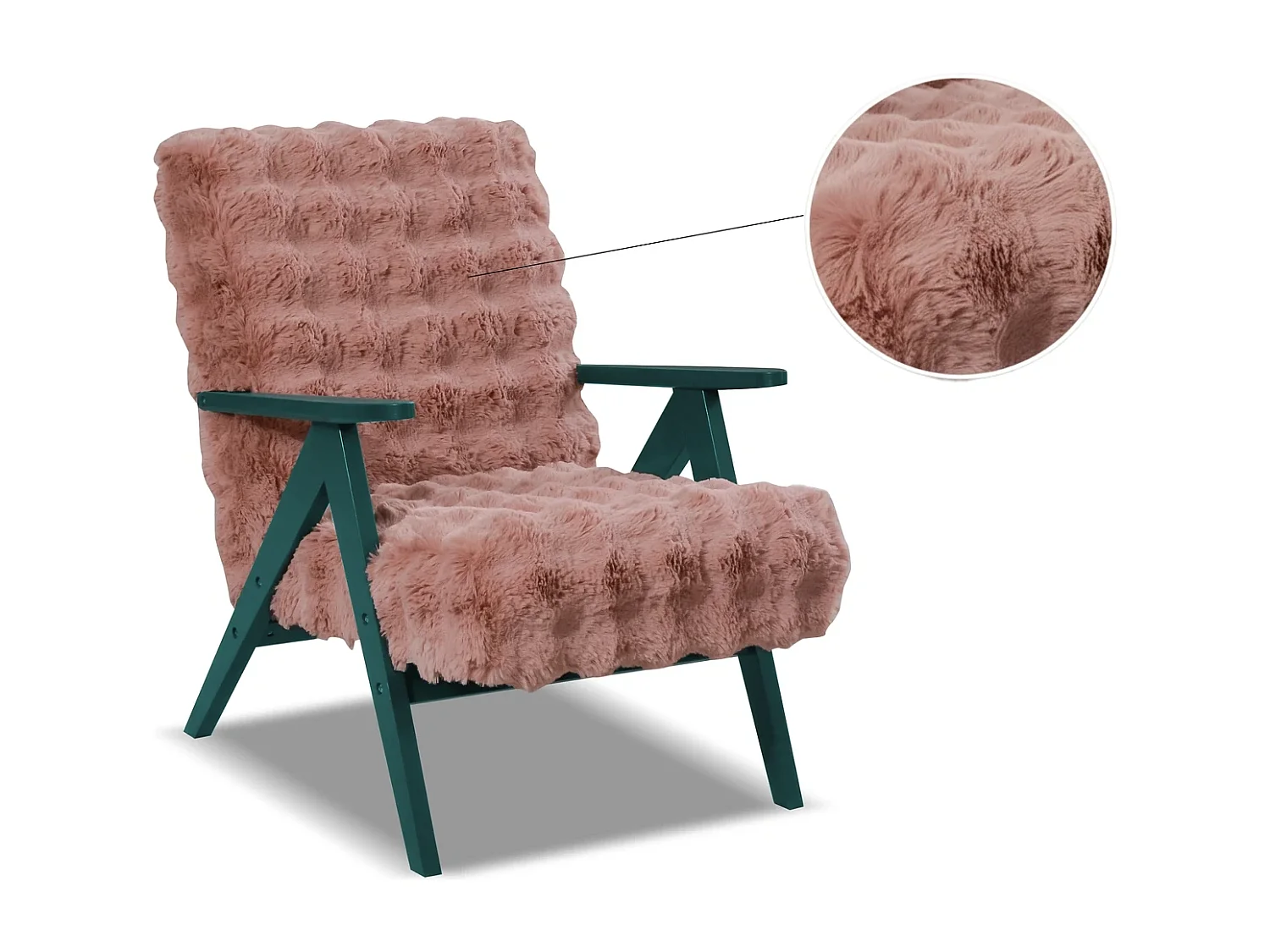 Fauteuil Capri - Tissu Bouclette Rose Sale (Dirty Pink) - Pieds Verts - Style Rétro