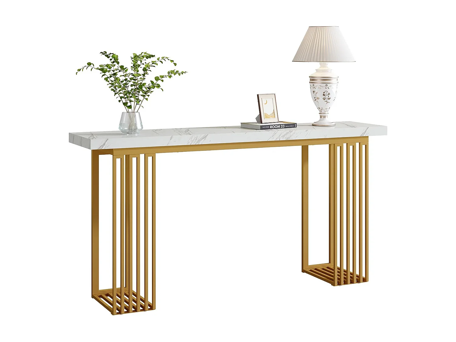 Moderne consoletafel met blad van wit imitatiemarmerfineer en gouden metalen onderstel, MDF