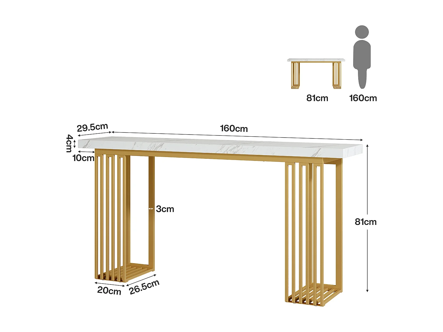 Moderne consoletafel met blad van wit imitatiemarmerfineer en gouden metalen onderstel, MDF