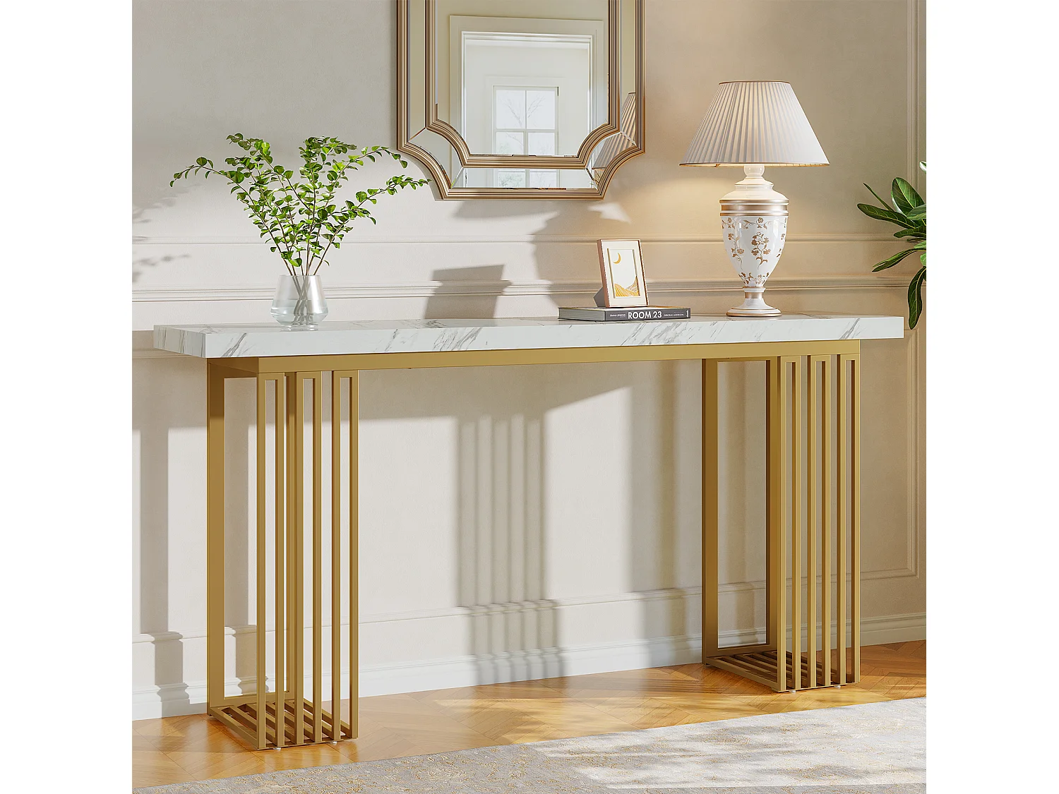 Moderne consoletafel met blad van wit imitatiemarmerfineer en gouden metalen onderstel, MDF