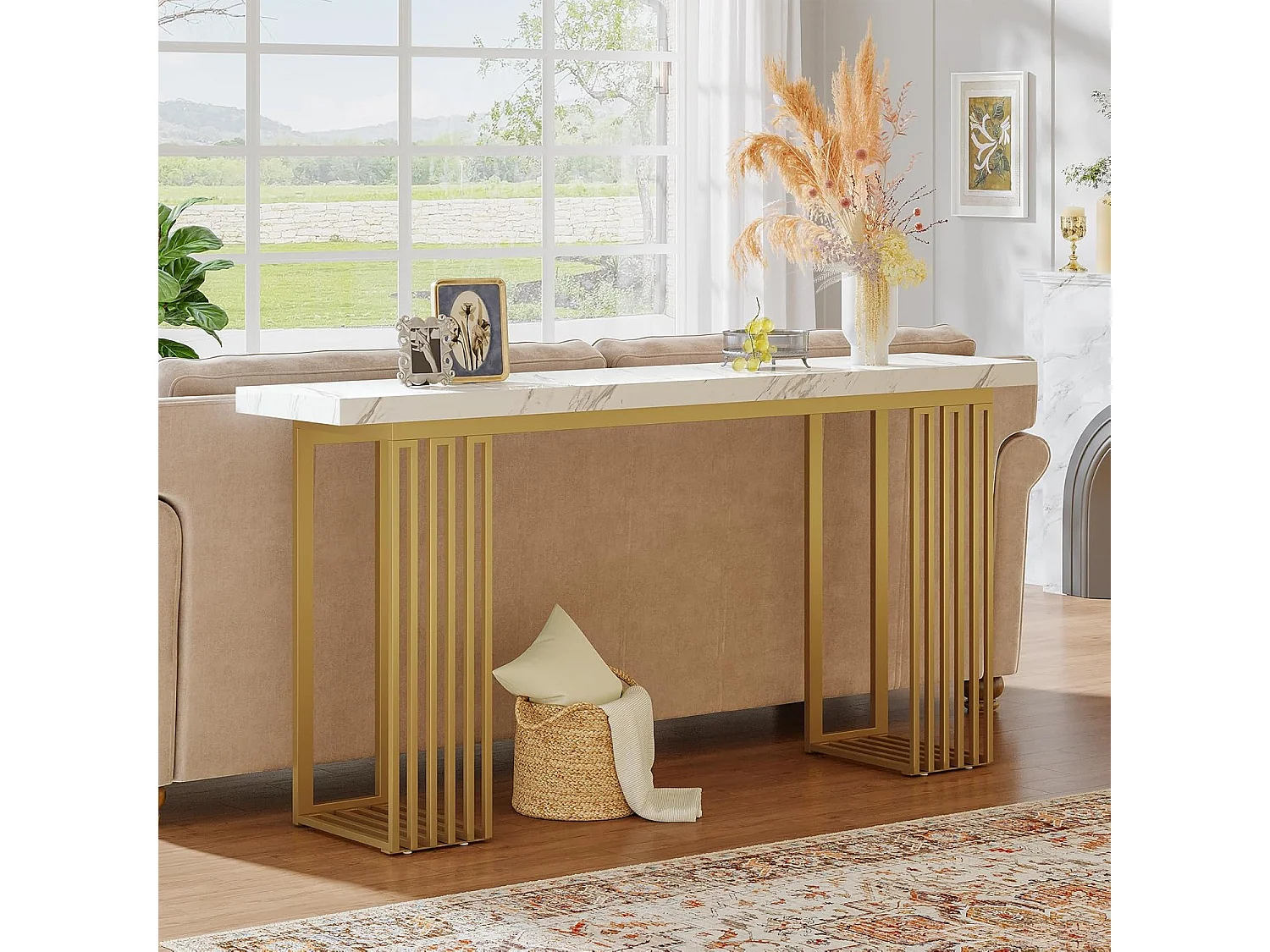 Moderne consoletafel met blad van wit imitatiemarmerfineer en gouden metalen onderstel, MDF