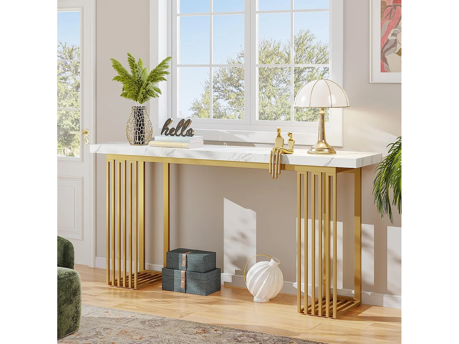 Moderne consoletafel met blad van wit imitatiemarmerfineer en gouden metalen onderstel, MDF