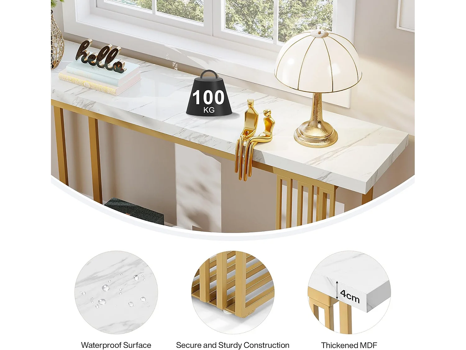 Moderne consoletafel met blad van wit imitatiemarmerfineer en gouden metalen onderstel, MDF