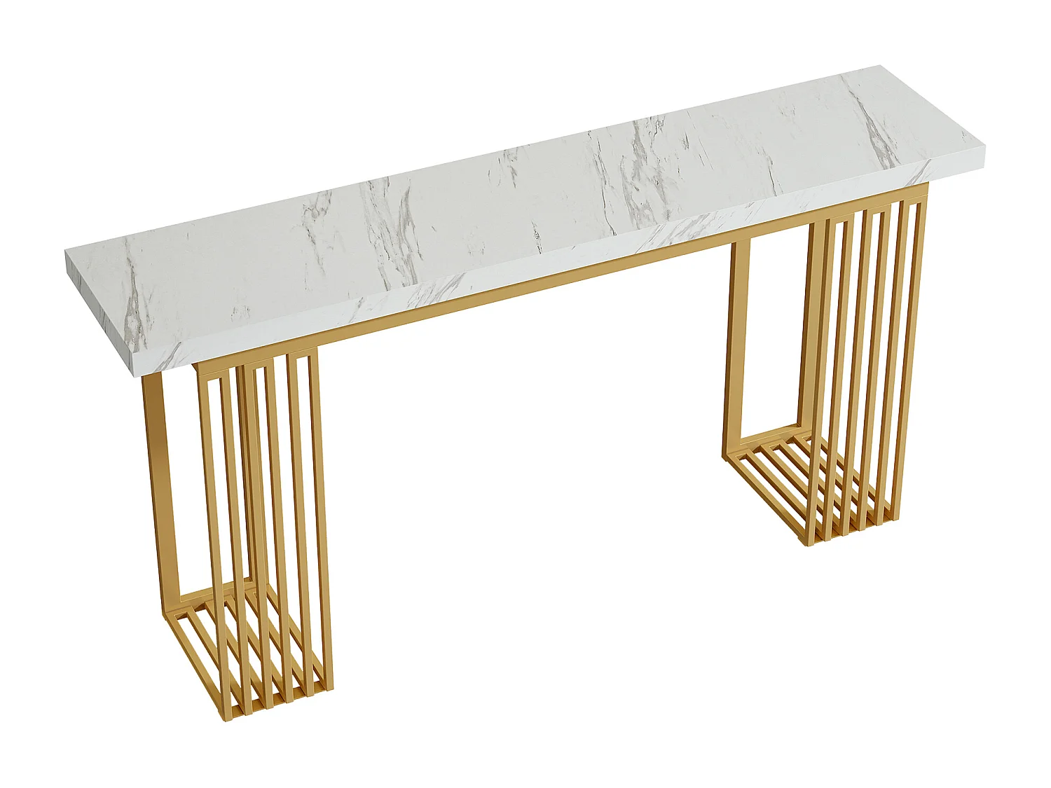 Moderne consoletafel met blad van wit imitatiemarmerfineer en gouden metalen onderstel, MDF
