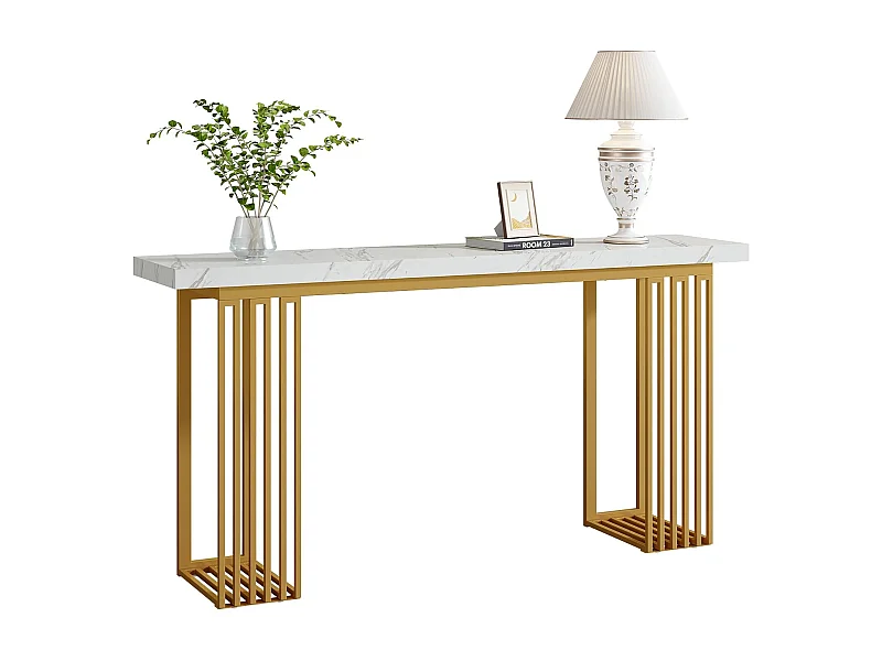 Moderne consoletafel met blad van wit imitatiemarmerfineer en gouden metalen onderstel, MDF