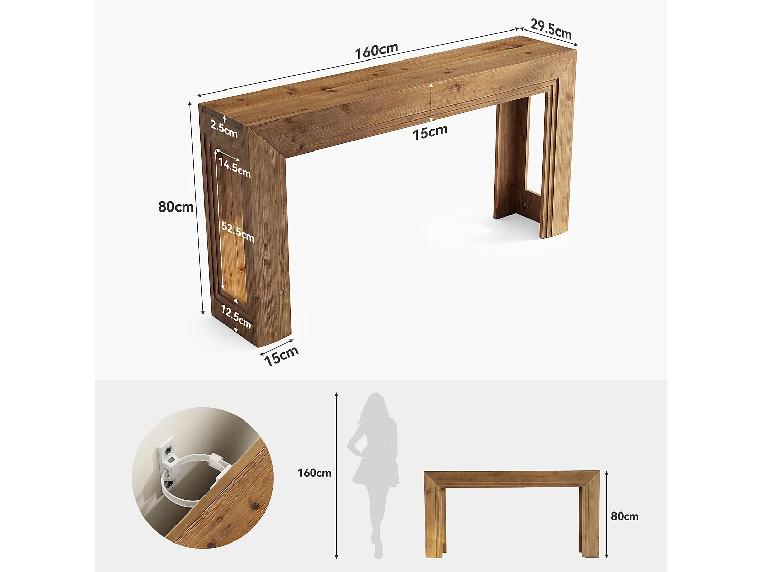 Mesa de Apoio de Madeira Sólida de 160 cm, Mesa de Entrada Estreita para Entrada
