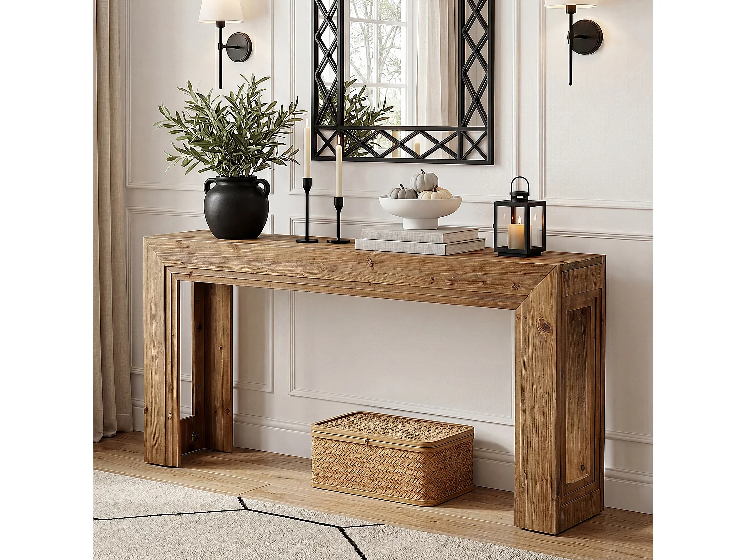 Mesa de Apoio de Madeira Sólida de 160 cm, Mesa de Entrada Estreita para Entrada