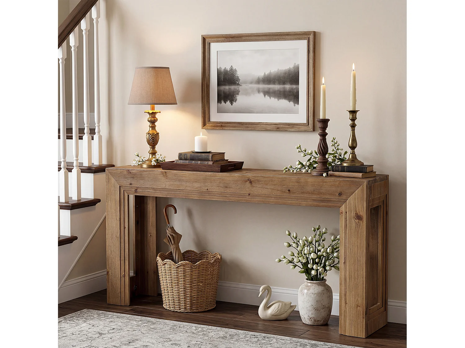 Mesa de Apoio de Madeira Sólida de 160 cm, Mesa de Entrada Estreita para Entrada