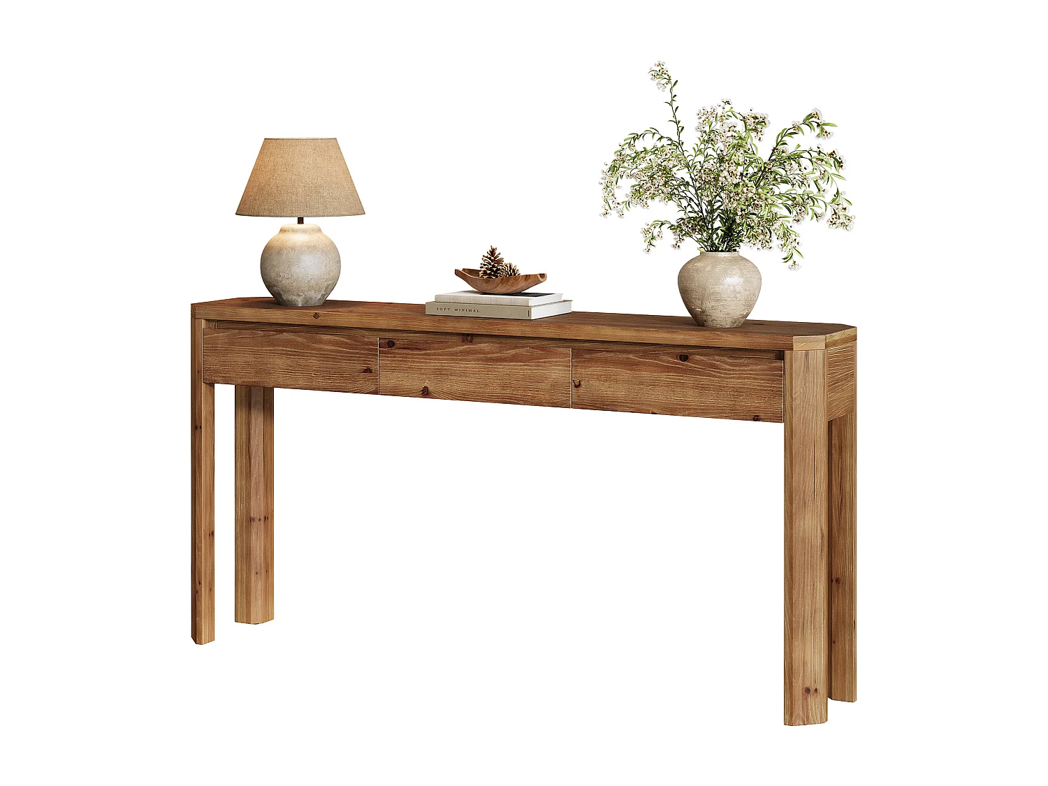 Mesa de Console de Madeira Sólida com 3 Gavetas, Mesa de Entrada de 160cm de Comprimento com Cantos Arredondados