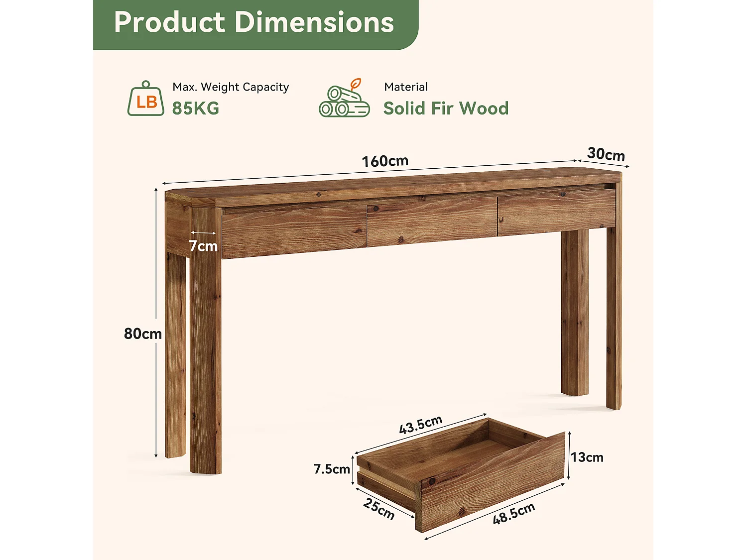 Mesa de Console de Madeira Sólida com 3 Gavetas, Mesa de Entrada de 160cm de Comprimento com Cantos Arredondados