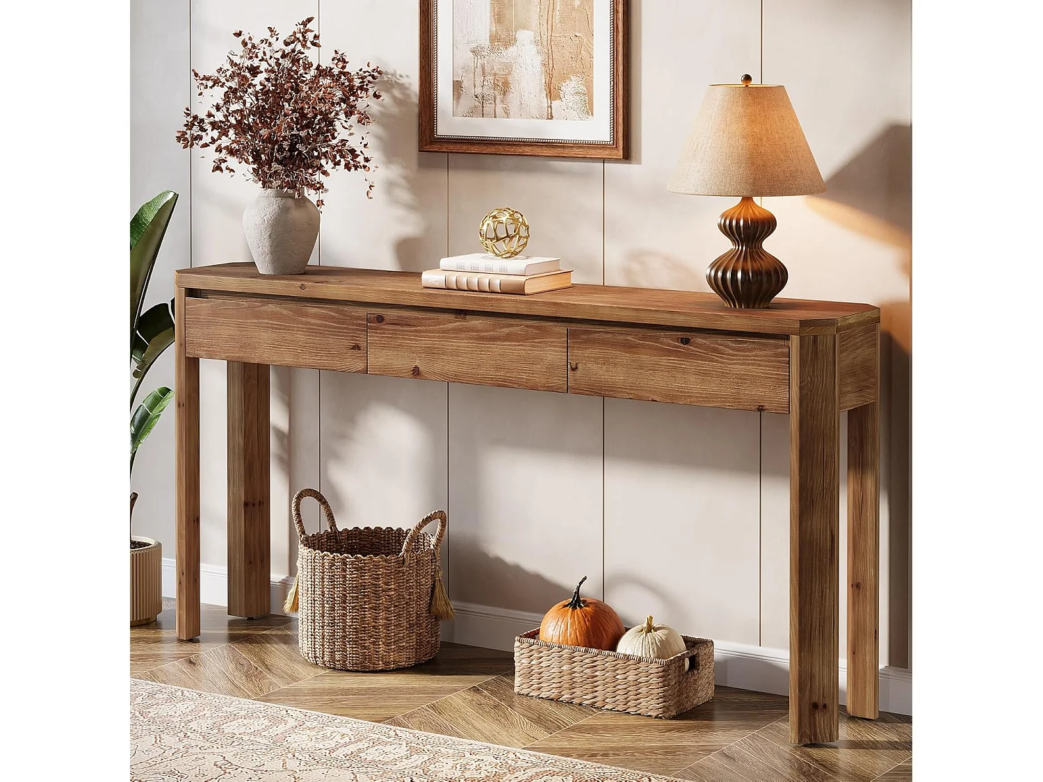 Mesa de Console de Madeira Sólida com 3 Gavetas, Mesa de Entrada de 160cm de Comprimento com Cantos Arredondados